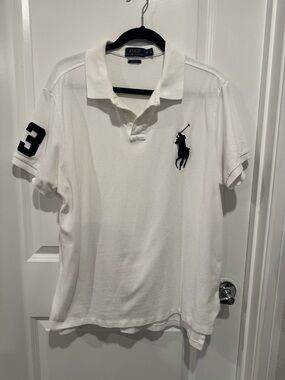Polo by Ralph Lauren White Polo Shirt with Navy Pony & Sleeve Number szXL